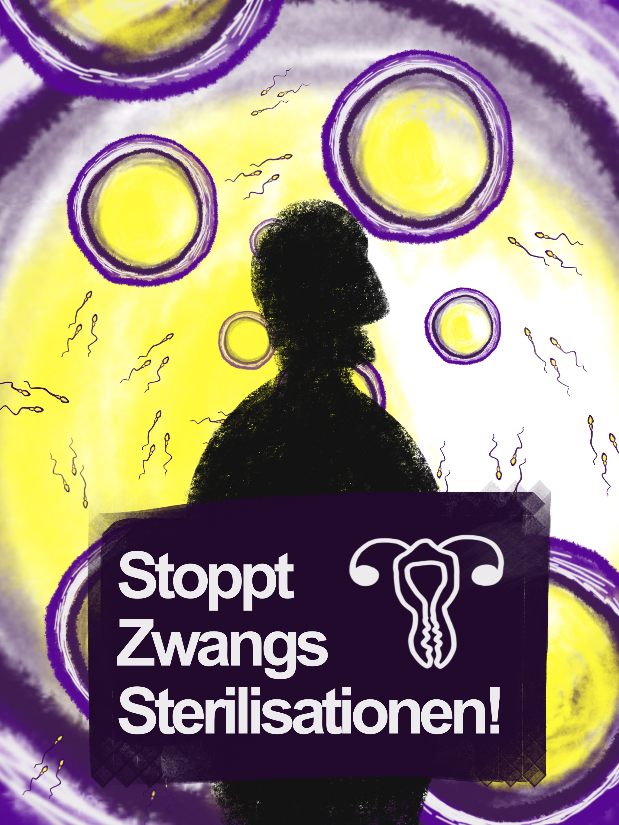 Bild in geld und violette mit einer schwarzen schattenartigen Figur mit dem Text Stoppt Zwangs Sterilisationen